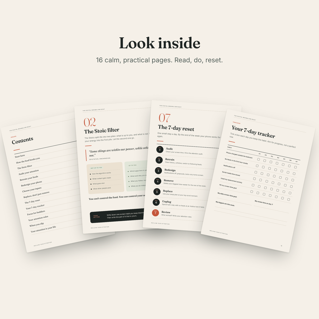 Inside pages of The Digital Minimalism Reset guide with worksheets