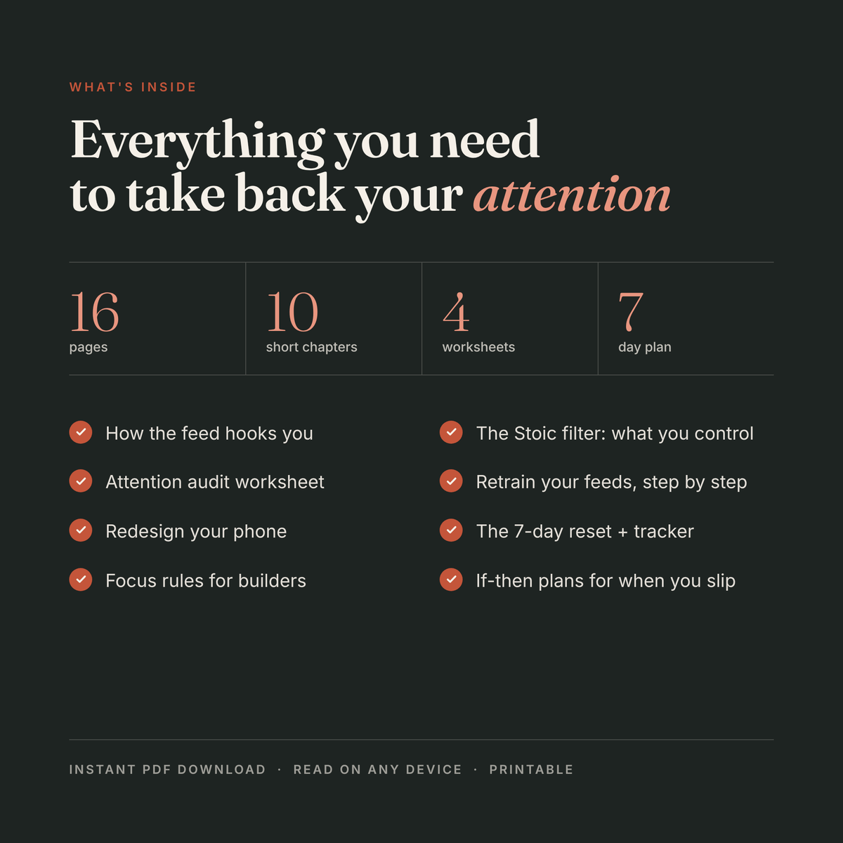 What's inside The Digital Minimalism Reset: 7-day plan, 10 chapters, 4 worksheets